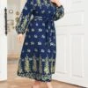 Women's Plus Size Curve Party Dress Wedding Guest Dress Long Dress Maxi Dress Dark Blue Long Sleeve Flower Lace Up Fall Winter Autumn Shirt Collar Fashion Evening Party Wedding Guest L XL