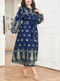 Women's Plus Size Curve Party Dress Wedding Guest Dress Long Dress Maxi Dress Dark Blue Long Sleeve Flower Lace Up Fall Winter Autumn Shirt Collar Fashion Evening Party Wedding Guest L XL