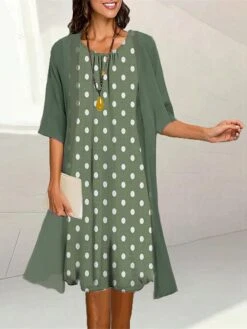 Women's Two Piece Dress Set Casual Dress Print Dress Outdoor Daily Fashion Elegant Print Midi Dress Crew Neck 3/4 Length Sleeve Polka Dot Loose Fit Black Yellow Blue Summer Spring S M L XL XXL