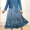Women's Plus Size Curve Two Piece Dress Set Casual Dress Swing Dress Outdoor Office Fashion Streetwear Print Midi Dress Crew Neck Long Sleeve Floral Ombre Navy Blue Blue Brown Fall Winter L XL