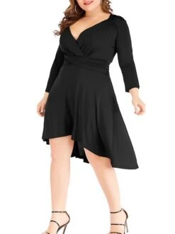 Women's Plus Size Curve Work Dress Black Dress A Line Dress Fashion Midi Dress Ruched V Neck Long Sleeve Plain Loose Fit Black Wine Blue Fall XL XXL 3XL 4XL 5XL -HAYz Clothing Shop osefhc1693203477847