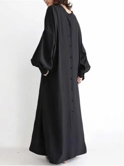 Women's Casual Dress Cotton Linen Dress Abaya Maxi Long Dress Linen / Cotton Blend Basic Classic Outdoor Daily Vacation Crew Neck Button Long Sleeve Spring Fall Winter 2023 Loose Fit Black Apricot -HAYz Clothing Shop oseogq1692341113823