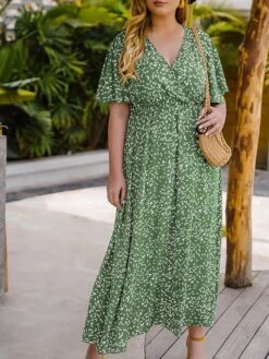 Women‘s Plus Size Curve Casual Dress Swing Dress Floral Dress Polka Dot Midi Dress Short Sleeve Print V Neck Fashion Daily Red Orange Summer Spring XL XXL 3XL 4XL -HAYz Clothing Shop osgoar1676458009984