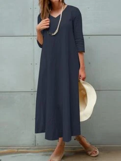 Women's Plus Size Curve Work Dress A Line Dress Fashion Long Dress Maxi Dress Patchwork V Neck 3/4 Length Sleeve Plain Loose Fit Wine Dark Blue Beige Fall L XL XXL 3XL 4XL -HAYz Clothing Shop osgvwi1693299511704