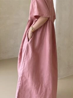 Women's Casual Dress Cotton Linen Dress Tiered Dress Maxi Long Dress Linen / Cotton Blend Daily Casual Outdoor Home Daily Crew Neck Pocket Short Sleeve Summer Spring 2023 Loose Fit Yellow Pink Plain -HAYz Clothing Shop osiydn1689933420098