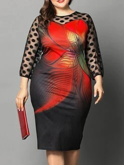 Women‘s Plus Size Curve Party Dress Cocktail Dress Sheath Dress Midi Dress Black Red Fuchsia 3/4 Length Sleeve Floral Mesh Summer Spring Fall Crew Neck Fashion Wedding Guest Vacation Fall Dress -HAYz Clothing Shop osynxw1691399926635