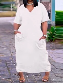 Women‘s Plus Size Curve Casual Dress White Dress Solid Color Midi Dress Short Sleeve Ruched Pocket V Neck Fashion Daily Black White Summer Spring XL XXL 3XL 4XL