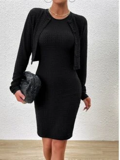 Women's Two Piece Dress Set Casual Dress Sheath Dress Daily Going Out Fashion Streetwear Button Midi Dress Crew Neck Long Sleeve Plain Regular Fit Black Purple Green Fall Winter S M L XL -HAYz Clothing Shop otlyat1693805484257