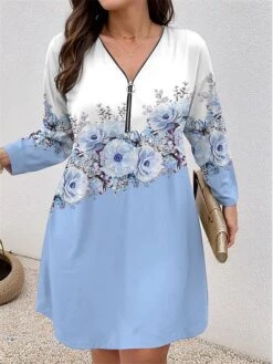 Women's Plus Size Curve Casual Dress Winter Dress Floral Gradient Mini Dress Long Sleeve Print V Neck Fashion Outdoor Yellow Pink Fall Winter L XL 2XL 3XL 4XL -HAYz Clothing Shop otreen1697781489044