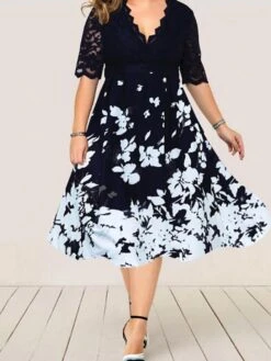 Women‘s Plus Size Curve Party Dress Floral V Neck Lace Half Sleeve Fall Spring Work Vintage Midi Dress Daily Vacation Dress Homecoming Dress Print -HAYz Clothing Shop otskqt1631239363567