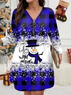 Women's Plus Size Curve Christmas Dress Casual Dress Winter Dress Plaid Snowman Mini Dress Long Sleeve Print V Neck Fashion Outdoor Yellow Wine Fall Winter L XL 2XL 3XL 4XL -HAYz Clothing Shop otwjtk1697799842975
