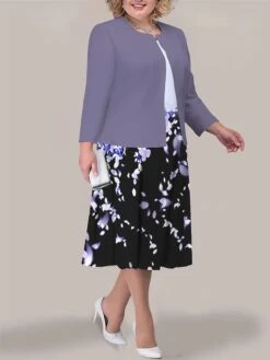 Women's Plus Size Curve Two Piece Dress Set Casual Dress Print Dress Outdoor Office Fashion Streetwear Print Midi Dress Crew Neck Long Sleeve Floral Black Light Green Blue Fall Winter L XL XXL -HAYz Clothing Shop otxflh1693295636680