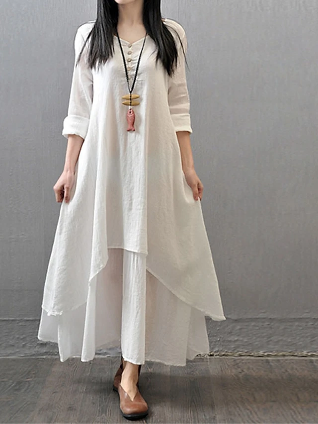 Women's Casual Dress Cotton Dress Swing Dress Maxi Long Dress Cotton Stylish Casual Winter Dress Daily Holiday V Neck Button Layered Long Sleeve Summer Spring Fall 2022 Loose Fit Black White Yellow 4 Women's Casual Dress Cotton Dress Swing Dress Maxi Long Dress Cotton Stylish Casual Winter Dress Daily Holiday V Neck Button Layered Long Sleeve Summer Spring Fall 2022 Loose Fit Black White Yellow - Image 4