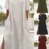Women's Casual Dress Cotton Linen Dress A Line Dress Maxi Long Dress Cotton Blend Basic Modern Outdoor Daily Crew Neck Pocket Split Short Sleeve Summer Spring 2023 Loose Fit ArmyGreen Black Wine Plain