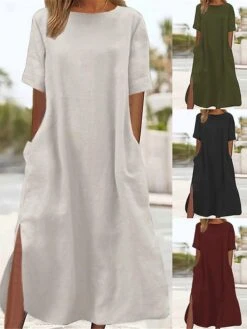 Women's Casual Dress Cotton Linen Dress A Line Dress Maxi Long Dress Cotton Blend Basic Modern Outdoor Daily Crew Neck Pocket Split Short Sleeve Summer Spring 2023 Loose Fit ArmyGreen Black Wine Plain