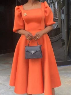 Women‘s Plus Size Curve Party Dress Solid Color Square Neck Short Sleeve Spring Fall Formal Prom Dress Midi Dress Party Going Out Dress -HAYz Clothing Shop oudmee1659089284150