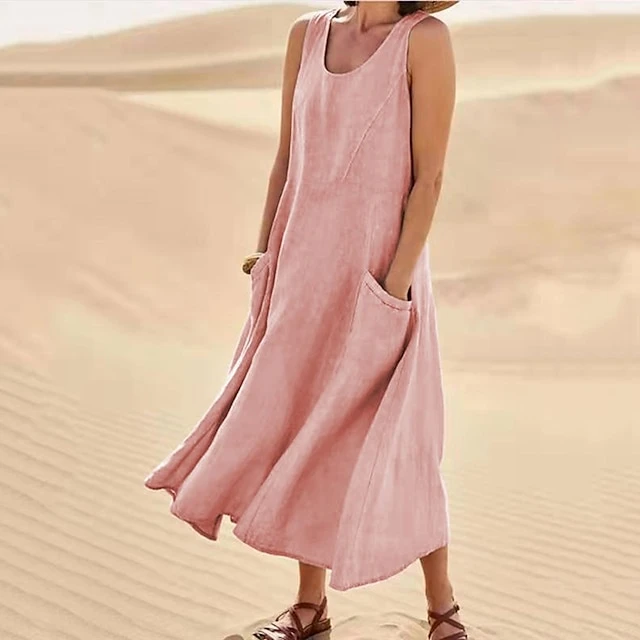 Women‘s Casual Dress Cotton Dress Shift Dress Midi Dress Blue Pink Khaki Sleeveless Pure Color Pocket Spring Summer Crew Neck Basic Daily Vacation Weekend Loose Fit 2023 S M L XL XXL 2 Women‘s Casual Dress Cotton Dress Shift Dress Midi Dress Blue Pink Khaki Sleeveless Pure Color Pocket Spring Summer Crew Neck Basic Daily Vacation Weekend Loose Fit 2023 S M L XL XXL - Image 2