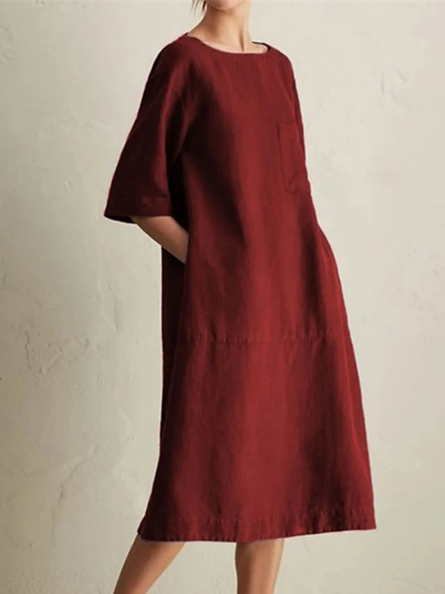 Women's Cotton Linen Dress Casual Dress Shift Dress Maxi Long Dress Cotton Blend Casual Daily Holiday Vacation Crew Neck Pocket Contrast Stitching Half Sleeve Summer Spring 2023 Loose Fit Black Wine 2 Women's Cotton Linen Dress Casual Dress Shift Dress Maxi Long Dress Cotton Blend Casual Daily Holiday Vacation Crew Neck Pocket Contrast Stitching Half Sleeve Summer Spring 2023 Loose Fit Black Wine - Image 2