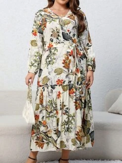 Women's Casual Dress Swing Dress Print Dress Leaf Floral Ruffle Print V Neck Long Dress Maxi Dress Fashion Streetwear Outdoor Daily Long Sleeve Regular Fit Blue Apricot Fall Winter XL XXL 3XL 4XL -HAYz Clothing Shop ouxkud1697539483055