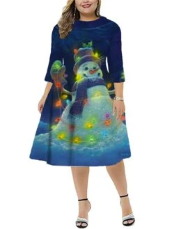Women‘s Plus Size Christmas Dress Work Dress Santa Claus 3/4 Length Sleeve Winter Fall Midi Dress Christmas Dress Work Dress -HAYz Clothing Shop ouzyrs1667812167071