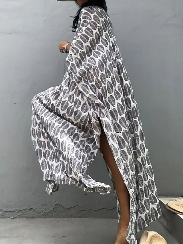 Women's Casual Dress Cotton Linen Dress A Line Dress Maxi Long Dress Polyester Fashion Casual Outdoor Daily Vacation V Neck Print 3/4 Length Sleeve Spring Fall Winter 2023 Loose Fit White Leaf 6 Women's Casual Dress Cotton Linen Dress A Line Dress Maxi Long Dress Polyester Fashion Casual Outdoor Daily Vacation V Neck Print 3/4 Length Sleeve Spring Fall Winter 2023 Loose Fit White Leaf - Image 6