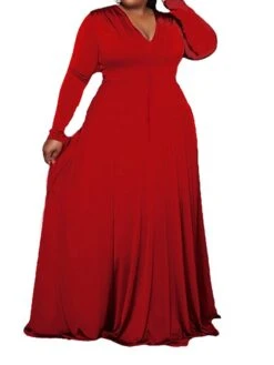 Women‘s Plus Size Curve Party Dress Solid Color V Neck Long Sleeve Winter Fall Elegant Maxi Long Dress Formal Party Dress -HAYz Clothing Shop ovjswm1655712231184