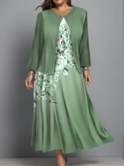 Women's Plus Size Two Piece Dress Set Casual Dress Swing Dress Outdoor Office Fashion Streetwear Print Midi Dress Crew Neck Long Sleeve Floral Ombre Regular Fit Blue Purple Green Fall Winter L XL XXL -HAYz Clothing Shop ovpwzw1697444369797