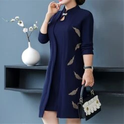 Women's Plus Size Curve Dress Set Formal Leaf V Neck Long Sleeve Fall Winter Elegant Work Knee Length Dress -HAYz Clothing Shop ovwtbs1640856479727