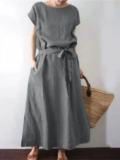Women's Casual Dress Cotton Linen Dress Swing Dress Maxi Long Dress Cotton Blend Casual Boho Outdoor Daily Holiday Boat Neck Lace Up Pocket Short Sleeve Summer Spring 2023 Loose Fit Black Green Dark -HAYz Clothing Shop owemxj1654592535393