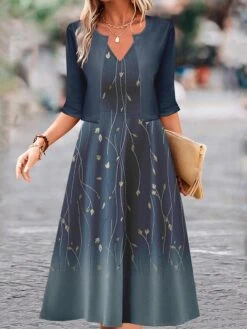 Women's Two Piece Dress Set Casual Dress Swing Dress Outdoor Daily Fashion Elegant Print Midi Dress V Neck Half Sleeve Floral Ombre Regular Fit Blue Purple Green Fall Winter S M L XL XXL -HAYz Clothing Shop owiten1697681150813
