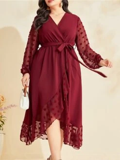 Women's Plus Size Prom Dress Party Dress Wedding Guest Dress Long Dress Maxi Dress Wine Long Sleeve Pure Color Lace Up Fall Winter Autumn V Neck Fashion Winter Dress Wedding Guest Evening Party Loose -HAYz Clothing Shop owmeue1693205396661