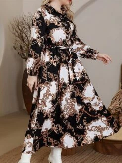 Women's Plus Size Curve Work Dress Swing Dress Semi Formal Dress Fashion Midi Dress Lace Up Button Shirt Collar Long Sleeve Floral Loose Fit Black Fall Winter L XL XXL 3XL 4XL -HAYz Clothing Shop owmttq1693300622266