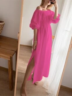 Women's Casual Dress Cotton Linen Dress White Dress Maxi Long Dress Linen / Cotton Blend Basic Classic Outdoor Daily Vacation Off Shoulder Backless Split Half Sleeve Summer Spring Fall 2023 Loose Fit -HAYz Clothing Shop owrmtn1689325816696