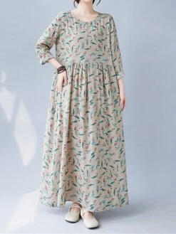 Women's Casual Dress Linen Dress Swing Dress Maxi Long Dress Linen Fashion Modern Outdoor Daily Holiday Crew Neck Print Long Sleeve Fall Winter Autumn 2023 Loose Fit Apricot Flower L XL 2XL -HAYz Clothing Shop owthnx1693553160443