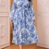 Women's Plus Size Curve Prom Dress Party Dress Wedding Guest Dress Long Dress Maxi Dress Blue Long Sleeve Flower Lace Up Fall Winter Autumn Shirt Collar Fashion Evening Party Wedding Guest