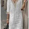 Women's Casual Dress Cotton Linen Dress Lace Dress Midi Dress Lace Fashion Modern Outdoor Daily Vacation V Neck Lace Half Sleeve Summer Spring Fall 2023 Loose Fit Black White Apricot Plain S M L XL