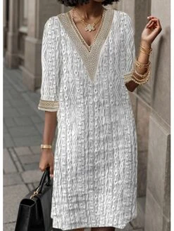 Women's Casual Dress Cotton Linen Dress Lace Dress Midi Dress Lace Fashion Modern Outdoor Daily Vacation V Neck Lace Half Sleeve Summer Spring Fall 2023 Loose Fit Black White Apricot Plain S M L XL