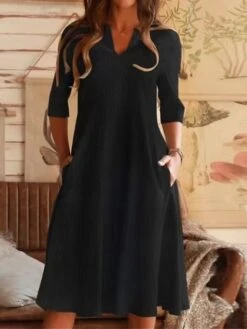 Women's Casual Dress Cotton Linen Dress Swing Dress Midi Dress Linen Cotton Blend Basic Casual Outdoor Daily Vacation V Neck Pocket Half Sleeve Summer Spring 2023 Regular Fit Black Blue Gray Plain S -HAYz Clothing Shop oxiaty1673598816557