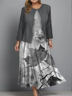 Women's Plus Size Two Piece Dress Set Casual Dress Swing Dress Outdoor Office Fashion Streetwear Print Midi Dress Crew Neck Long Sleeve Leaf Regular Fit Blue Brown Khaki Fall Winter L XL XXL 3XL 4XL -HAYz Clothing Shop oxmrqh1697681150040