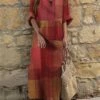 Women's Casual Dress A Line Dress Kaftan Dress Long Dress Maxi Dress Cotton Basic Mature Daily Vacation V Neck Loose Long Sleeve Summer Spring 2023 Regular Fit Blue Orange Brown Plaid S M L XL XXL