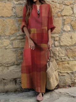 Women's Casual Dress A Line Dress Kaftan Dress Long Dress Maxi Dress Cotton Basic Mature Daily Vacation V Neck Loose Long Sleeve Summer Spring 2023 Regular Fit Blue Orange Brown Plaid S M L XL XXL