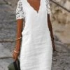 Women's Casual Dress Cotton Linen Dress Shift Dress Midi Dress Cotton Blend Modern Casual Outdoor Daily Vacation V Neck Lace Eyelet Short Sleeve Summer Spring 2023 Regular Fit White Plain S M L XL 2XL