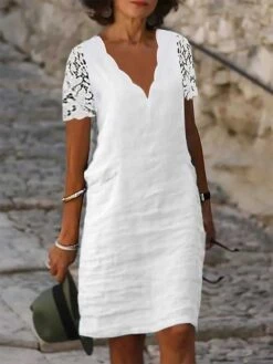 Women's Casual Dress Cotton Linen Dress Shift Dress Midi Dress Cotton Blend Modern Casual Outdoor Daily Vacation V Neck Lace Eyelet Short Sleeve Summer Spring 2023 Regular Fit White Plain S M L XL 2XL