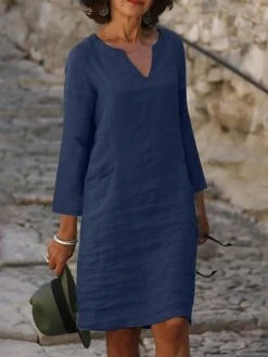 Women's Casual Dress Cotton Linen Dress Shift Dress Midi Dress Cotton Blend Modern Style Modern Outdoor Daily Date Split Neck Button Rolled Cuff 3/4 Length Sleeve Summer Spring Fall 2023 Regular Fit -HAYz Clothing Shop oyeceo1691461913053