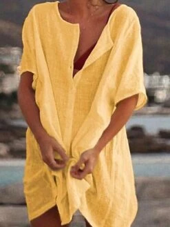 Women's Casual Dress Shirt Dress Cotton Linen Dress Mini Dress Blue Purple Pink Short Sleeve Pure Color Spring Summer V Neck Beach Basic Daily Weekend Loose Fit Linen S M L XL XXL 3XL -HAYz Clothing Shop oyfmzb1639988519747