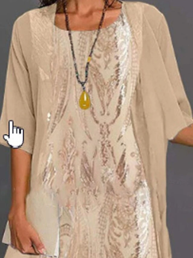 Women's Two Piece Dress Set Shift Dress Swing Dress Outdoor Date Fashion Elegant Print Maxi Dress Crew Neck 3/4 Length Sleeve Floral Loose Fit Khaki Fall Spring S M L XL XXL 2 Women's Two Piece Dress Set Shift Dress Swing Dress Outdoor Date Fashion Elegant Print Maxi Dress Crew Neck 3/4 Length Sleeve Floral Loose Fit Khaki Fall Spring S M L XL XXL - Image 2