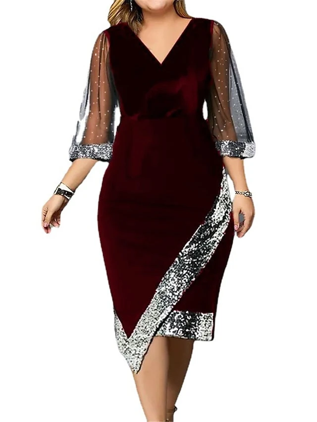Women‘s Plus Size Curve Party Dress Sequin Dress Work Dress Plain Midi Dress Half Sleeve Mesh Patchwork V Neck Fashion Party Black Wine Summer Spring L XL XXL 3XL 4XL 5 Women‘s Plus Size Curve Party Dress Sequin Dress Work Dress Plain Midi Dress Half Sleeve Mesh Patchwork V Neck Fashion Party Black Wine Summer Spring L XL XXL 3XL 4XL - Image 5