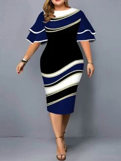 Women‘s Plus Size Curve Work Dress Bodycon Sheath Dress Color Block Midi Dress Half Sleeve Ruffle Crew Neck Fashion Outdoor Wine Red Fall Spring XL XXL 3XL 4XL 5XL -HAYz Clothing Shop ozcojg1673251734324