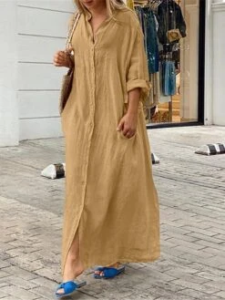 Women's Shirt Dress Casual Dress Cotton Linen Dress Maxi Long Dress Linen / Cotton Blend Basic Classic Outdoor Daily Vacation Shirt Collar Button Pocket 3/4 Length Sleeve Summer Spring Fall 2023 -HAYz Clothing Shop padfxa1692084276380