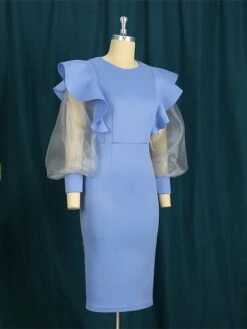 Women's Plus Size Curve Party Dress Work Dress Bodycon Plain Midi Dress Long Sleeve Ruffle Mesh Crew Neck Fashion Party Sky Blue Fall Winter XL XXL 3XL 4XL -HAYz Clothing Shop paloii1694425964877